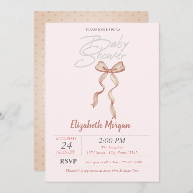Hand Drawn Bow Dotted Shower Invitation (Front/Back)