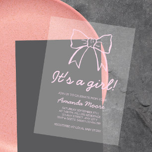 Hand Drawn Bow Elegant Script Girl Baby Shower Acrylic Invitations