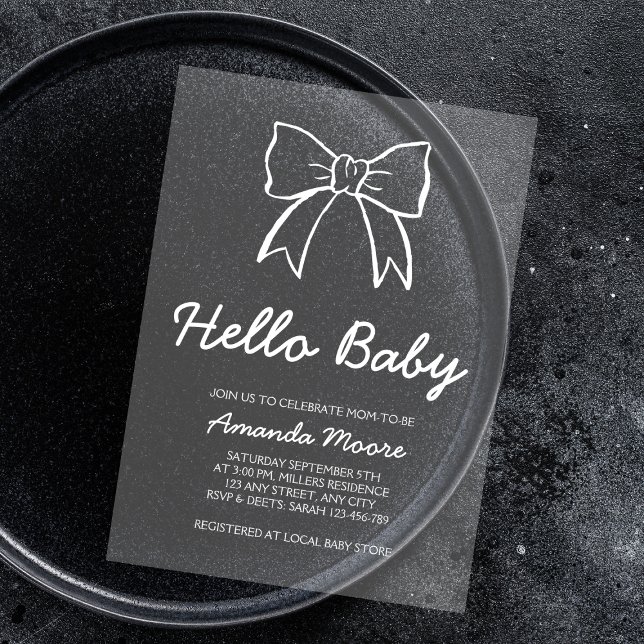 Hand Drawn Bow Elegant Script Hello Baby Shower Acrylic Invitations (Hand Drawn Bow Elegant Script Hello Baby Shower Acrylic Invitations)