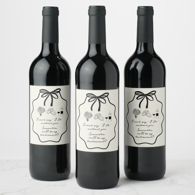 Hand Drawn Bow Floral Bridesmaid Proposal Wine Label (Bottles)