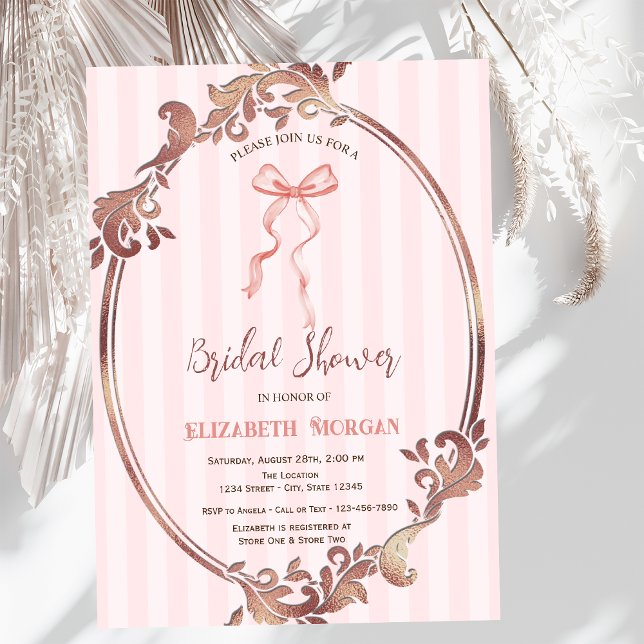 Hand Drawn Bow,Frame Pink Stripes Bridal Shower  Invitation (Creator Uploaded)