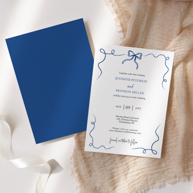 Hand Drawn Bow French blu wedding Invitation (Creator Uploaded)