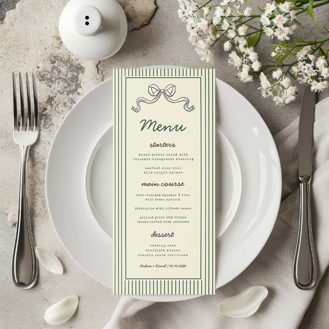 Hand Drawn Bow Green Stripes Vintage Wedding Menu (Creator Uploaded)