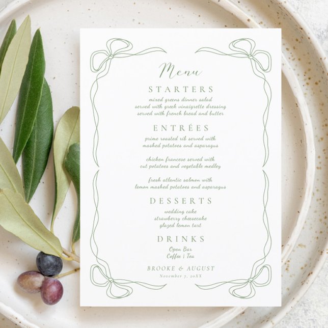 Hand Drawn Bow Green Wedding  Menu (Creator Uploaded)