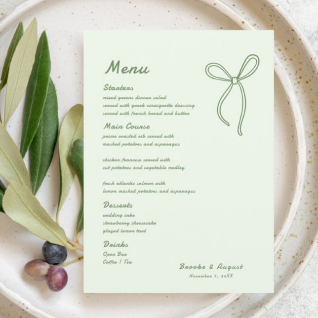 Hand Drawn Bow Green Wedding Menu (Creator Uploaded)