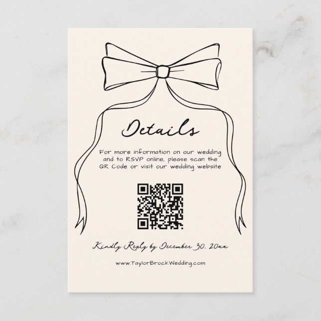 Hand Drawn Bow Old Money Wedding Details Qr Code Enclosure Card (Front)
