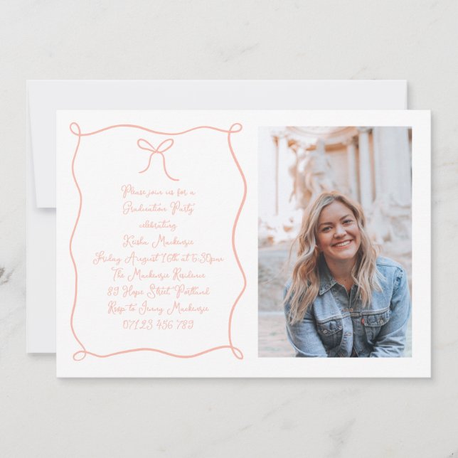Hand Drawn Bow Photo Blush Graduation Party Invitation (Front)