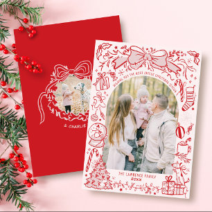 Hand Drawn Bow Pink and Red Arch Photo Christmas Holiday Card