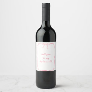 Hand Drawn Bow Pink Bridesmaid Proposal Wine Label