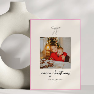 Hand Drawn Bow Pink Merry Christmas 3 Photo Holiday Card