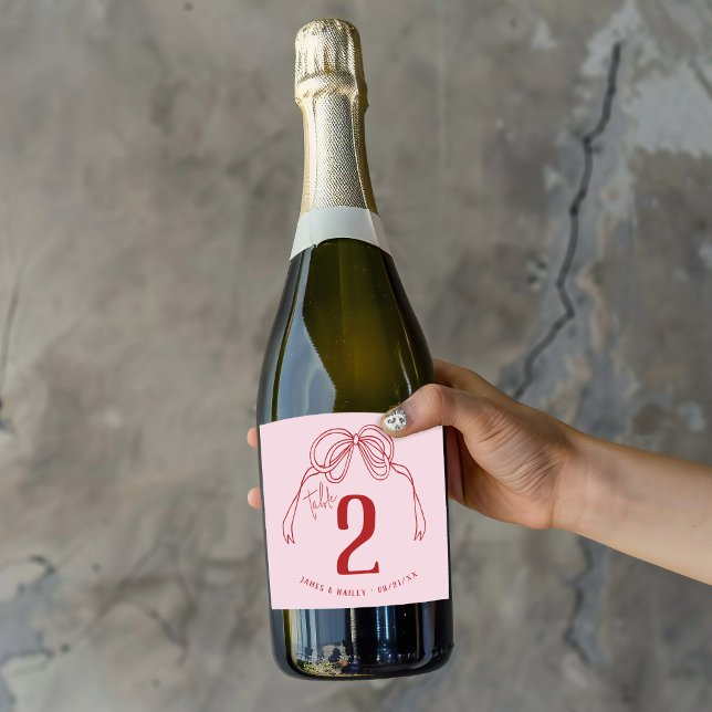 Hand Drawn Bow PINK & RED Table Number Wedding Sparkling Wine Label (Unique modern hand drawn coquette pink and red bow wedding reception table number decor bottle label)