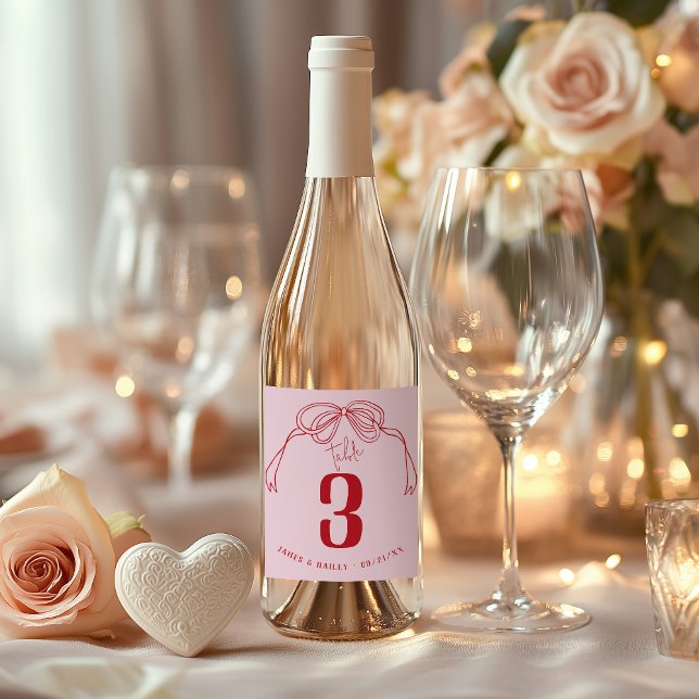 Hand Drawn Bow PINK & RED Table Number Wedding Wine Label (Quirky modern trendy hand drawn coquette bow pink and red wedding reception table number wine label)