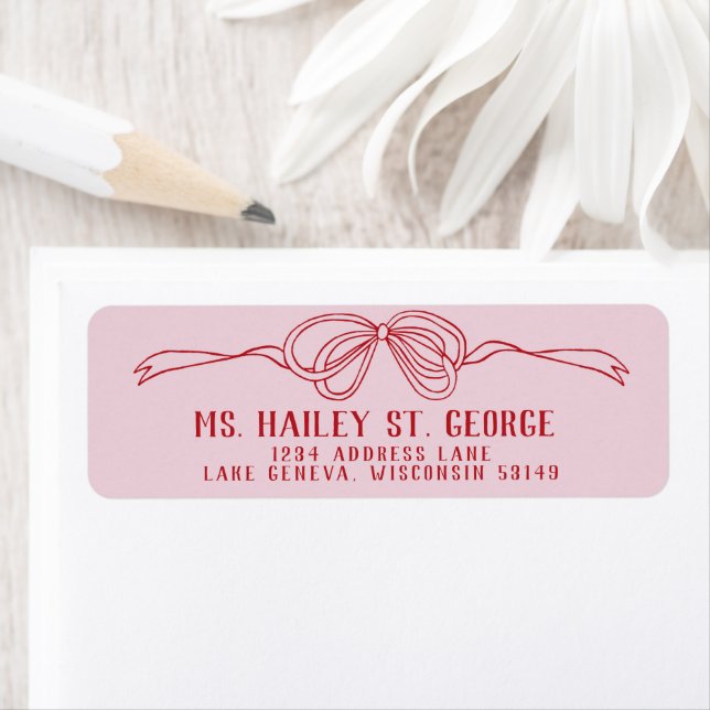  Hand Drawn Bow PINK & RED Wedding Return Address Label (Insitu)