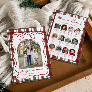 Hand-Drawn Bow Plaid Year in Review Photo Holiday Card