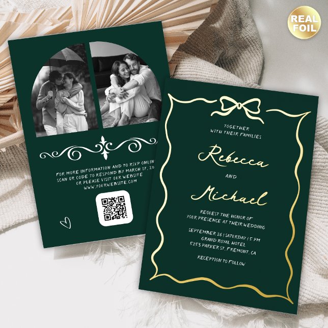 Hand Drawn Bow QR Code Photo Wedding Emerald Gold (Creator Uploaded)