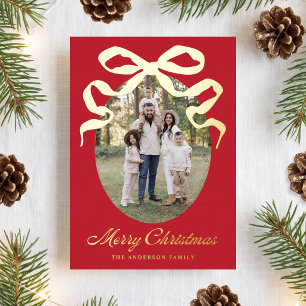 Hand-Drawn Bow Red Merry Christmas 5 Photo Foil Holiday Card