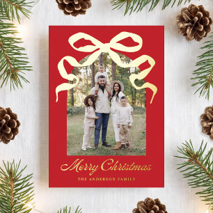 Hand-Drawn Bow Red Merry Christmas Arch Photo Foil Holiday Card