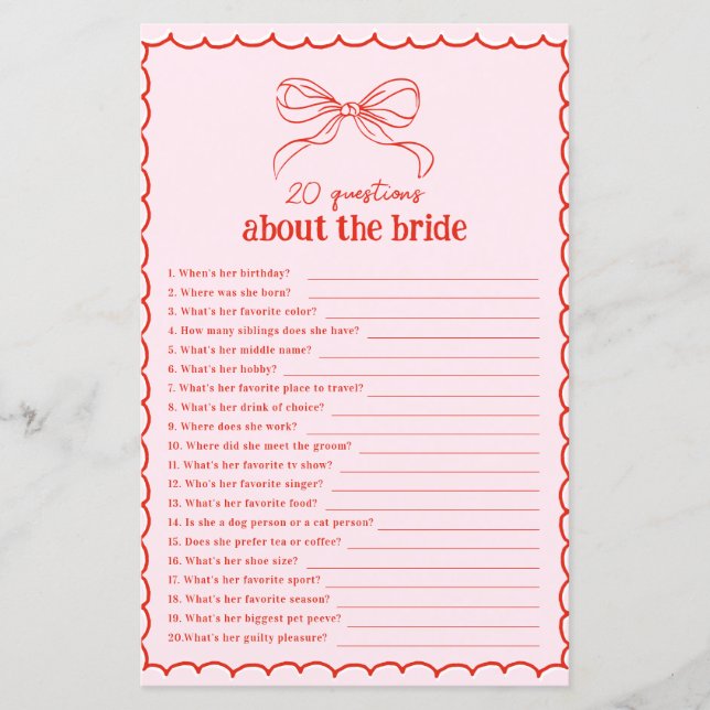 Hand Drawn Bow Red & Pink 20 Questions About Bride (Front)