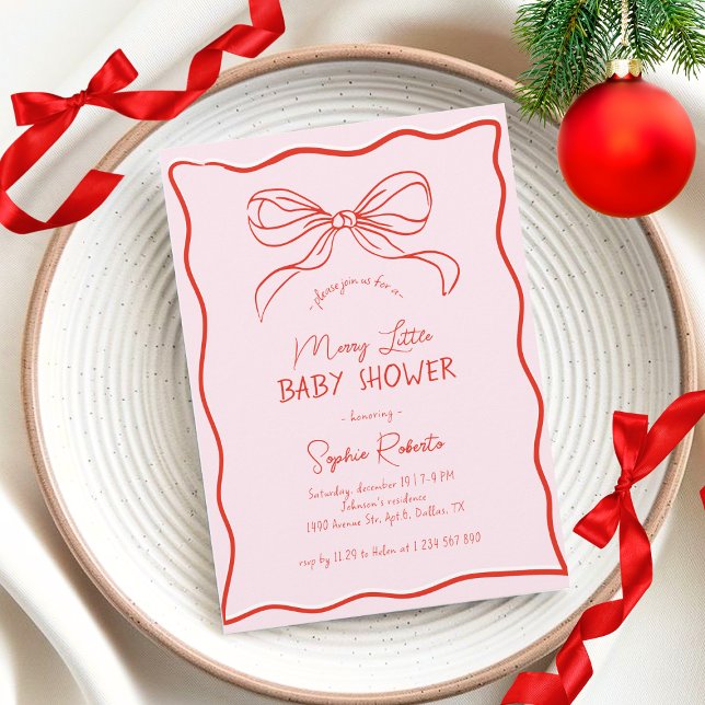 Hand Drawn Bow Red & Pink Merry Little Baby Shower Invitation (Creator Uploaded)