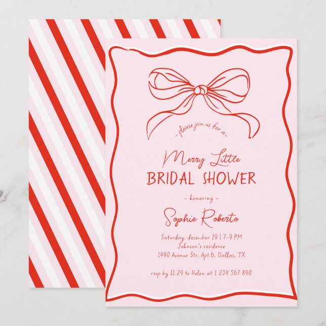 Hand Drawn Bow Red Pink Merry Little Bridal Shower Invitation (Front/Back)