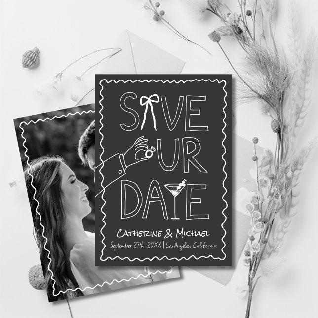 Hand Drawn Bow Ring & Wine Whimsical Photo Wedding Save The Date (Creator Uploaded)