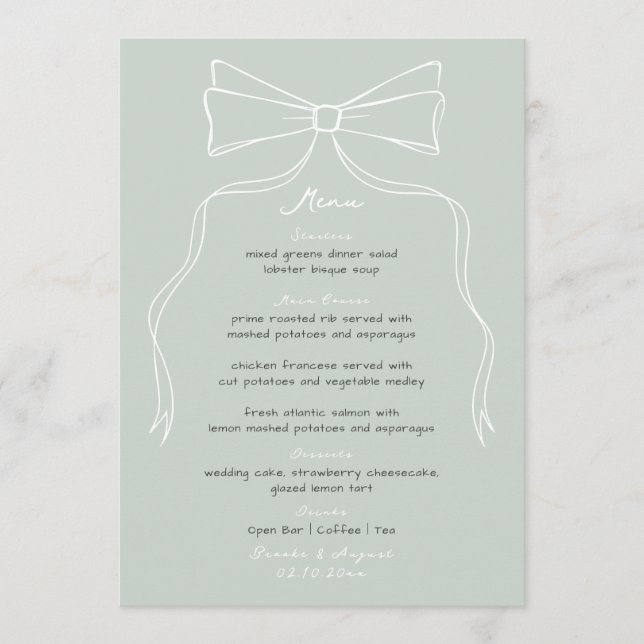 Hand Drawn Bow Sage Green Wedding  Menu (Front)