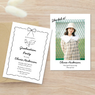 Hand Drawn Bow She did it Photo Graduation Party Invitation