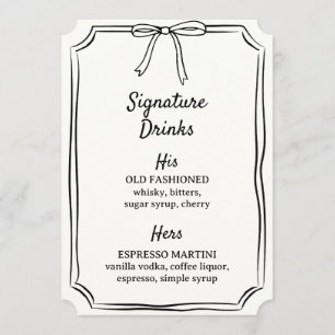 Hand Drawn Bow Signature Drinks Wedding Bar Menu