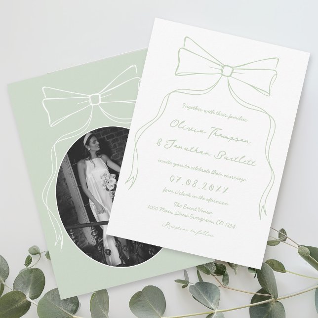 Hand Drawn Bow White and Green Wedding  Invitation (Creator Uploaded)