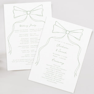 Hand Drawn Bow White and Green Wedding Program