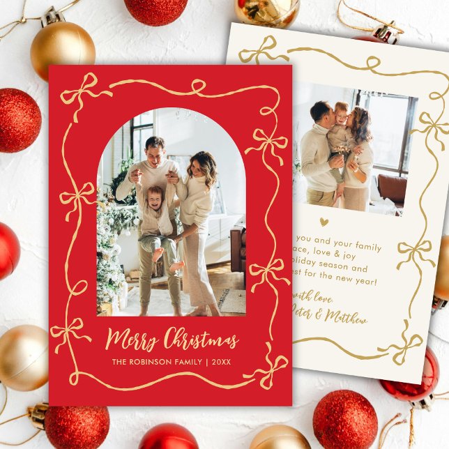 Hand Drawn Bows Arch 2 Photo Merry Christmas Red Holiday Card (Creator Uploaded)