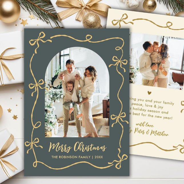 Hand Drawn Bows Arch Photo Merry Christmas Green  Holiday Card (Creator Uploaded)