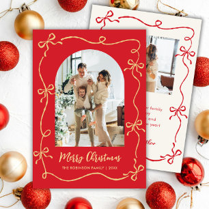 Hand Drawn Bows Arch Photo Merry Christmas Red Holiday Card