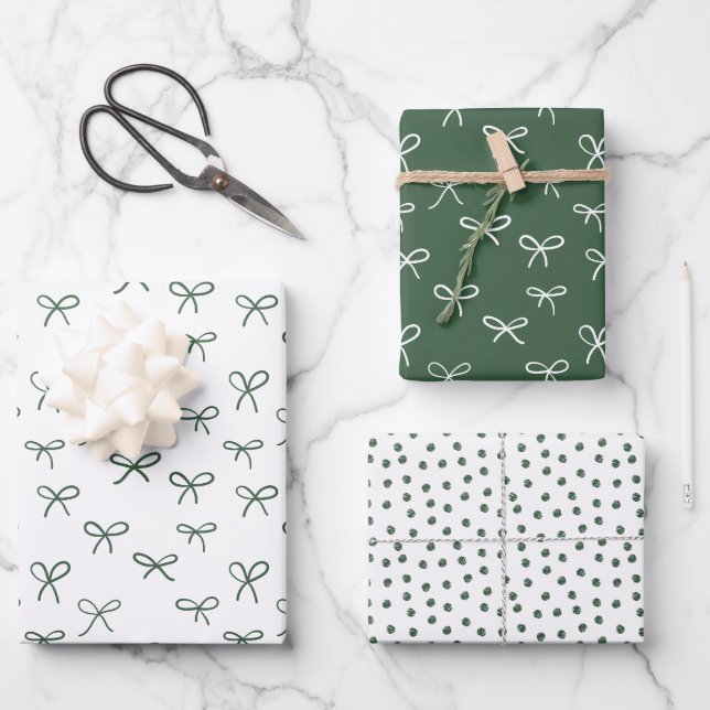Hand-drawn bows holiday wrapping paper - green (Front)