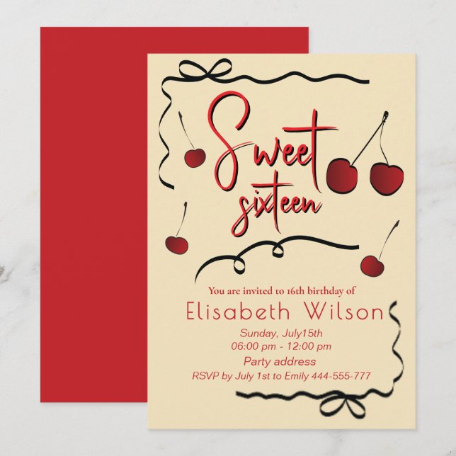 Hand drawn bows whimsy playful cherry sweet 16  invitation (Front/Back)