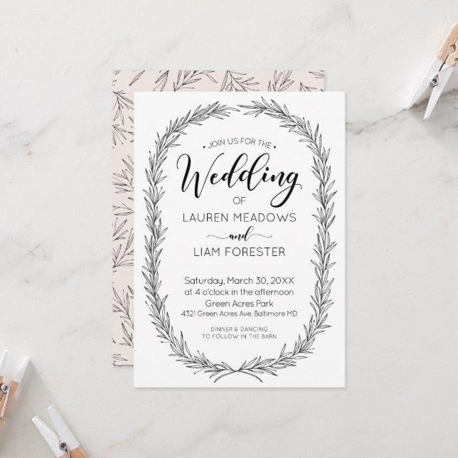 Hand Drawn Branch Frame Wedding Invitation (Front/Back In Situ)