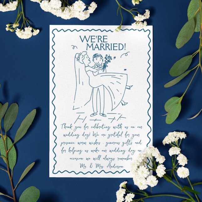 Hand Drawn Bride and Groom Scribble Script Wedding Thank You Card (Creator Uploaded)