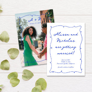 Hand Drawn Bright Blue Photo Monogram Wedding Save The Date