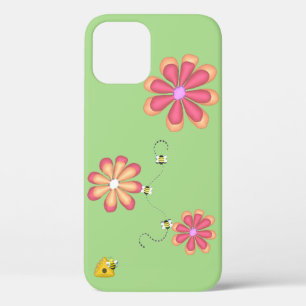 Hand Drawn Bright Colorful Flowers Bees on Lime iPhone 12 Case