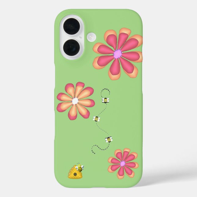 Hand Drawn Bright Colourful Flowers Bees on Lime Case-Mate iPhone Case (Back)