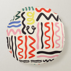 Hand drawn brush pattern, zigzags, lines and curve round cushion