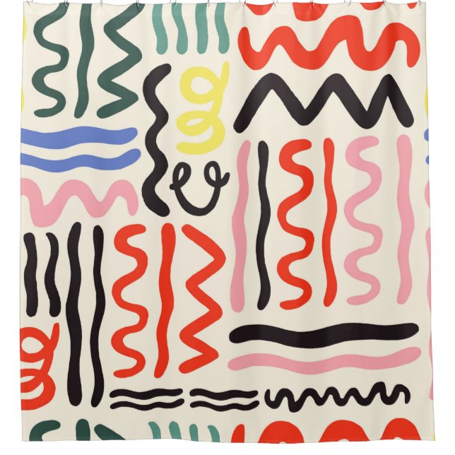 Hand drawn brush pattern, zigzags, lines and curve shower curtain (Front)
