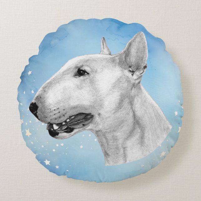Hand Drawn Bull Terrier Artwork Round Cushion (Front)