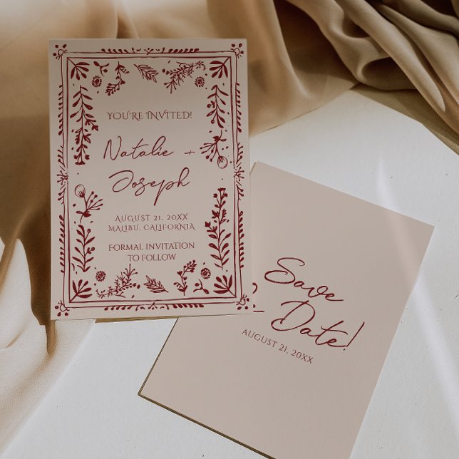 Hand Drawn Burgundy Deep Red Floral Garden Wedding Save The Date (Creator Uploaded)
