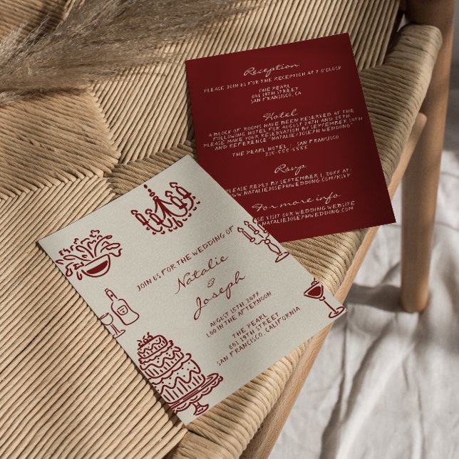 Hand Drawn Burgundy Romantic All In One Wedding Invitation (Creator Uploaded)