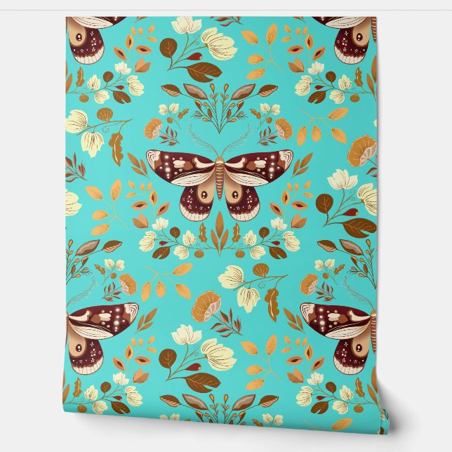 Hand drawn Butterfly on Turquoise Wallpaper (Unrolling)