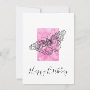 Hand Drawn Butterfly, Pink Watercolor Abstract   Card