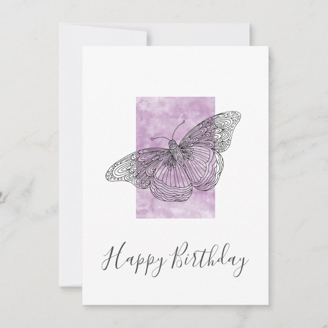 Hand Drawn Butterfly, Plum Watercolor Abstract Card (Front)