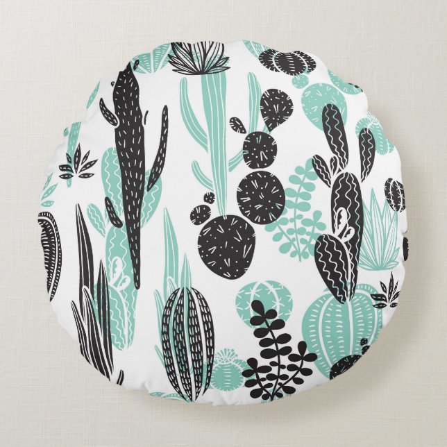 Hand Drawn Cacti: Doodle Seamless Round Cushion (Front)