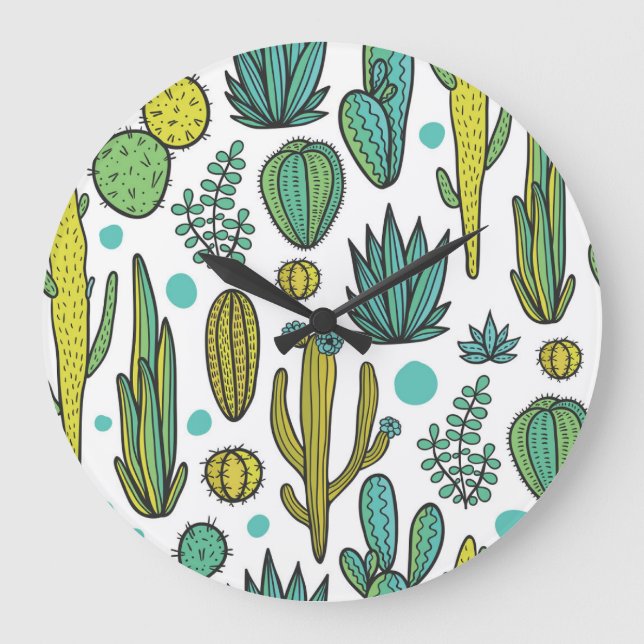 Hand Drawn Cacti Natural Pattern Large Clock (Front)